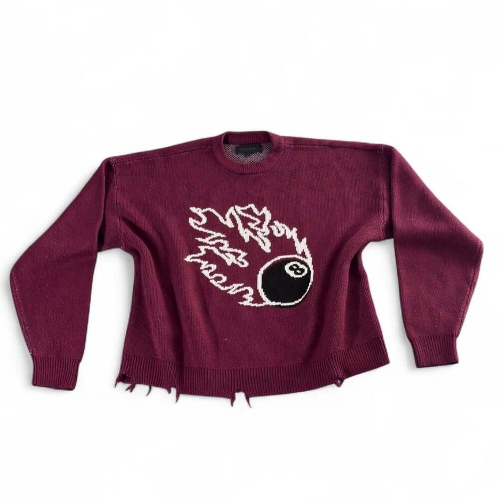 PacSun 8 Ball Flame Graphic Knit Sweater Size M Burgundy Distressed Hem